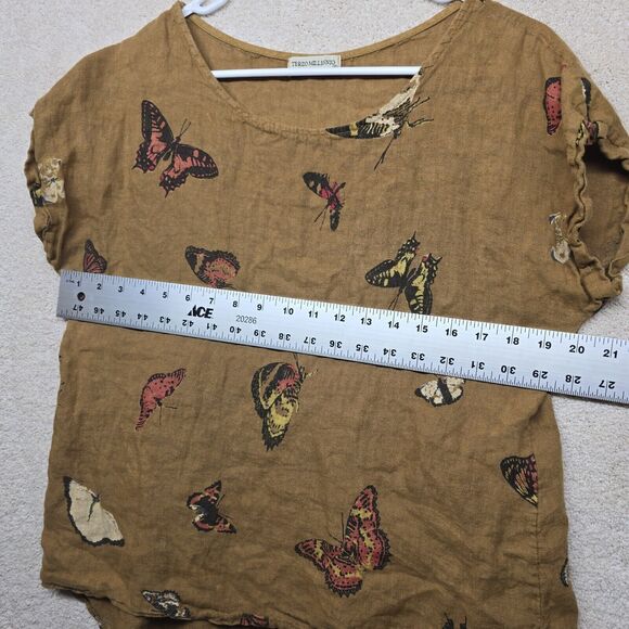 Terzo Millennio Top Linen Brown Butterfly Print Sz Small Back Buttons Lagenlook - Picture 9 of 10